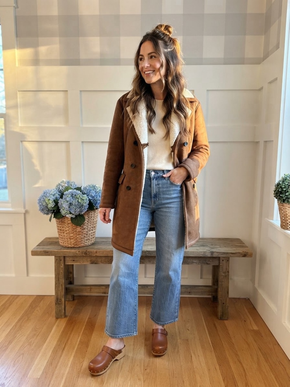 Zara Tan Suede Pea Coat with Cream Shearling Collar Medium